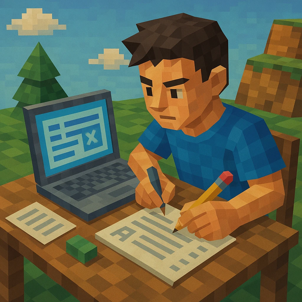 student at a table, working on a laptop, taking an online exam, focused expression, exam materials on the desk, high-resolution 3D illustration emoji