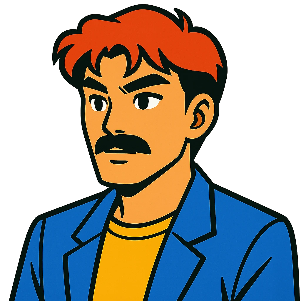 asian man with black mustache and red hair, 90's anime style, vibrant toon style emoji