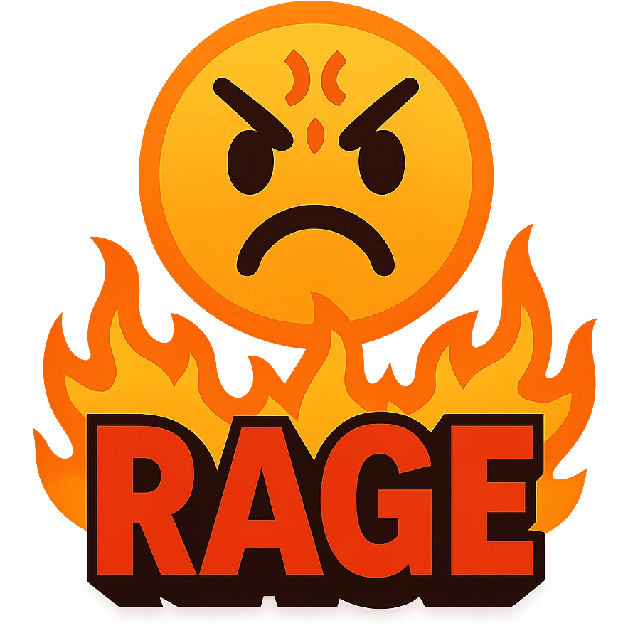 vibrant toon style emoji, red background fading to dark in the center, 'RAGE' in bold red text, flames bursting from the text emoji