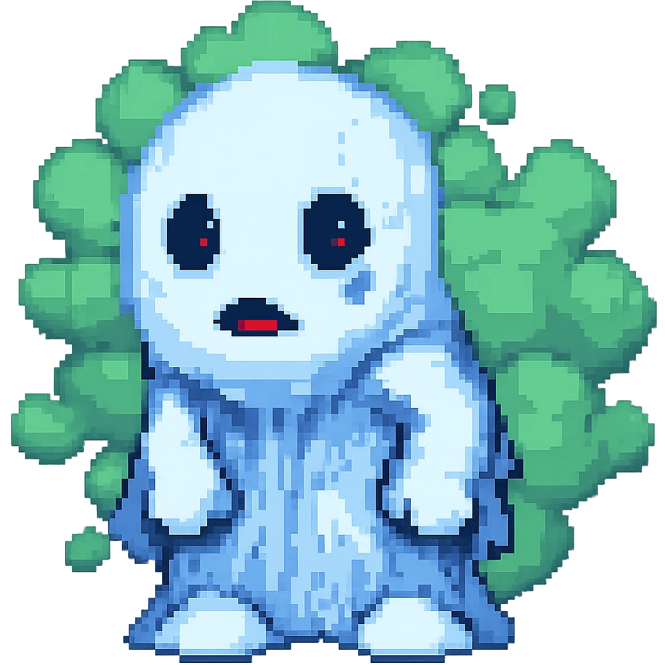 Add visible blue and green fart gas clouds behind the blue and white ghost boy. Keep no background as requested. emoji