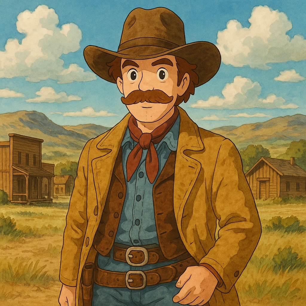 Wild West cowboy, whimsical and detailed, frontier landscape background emoji