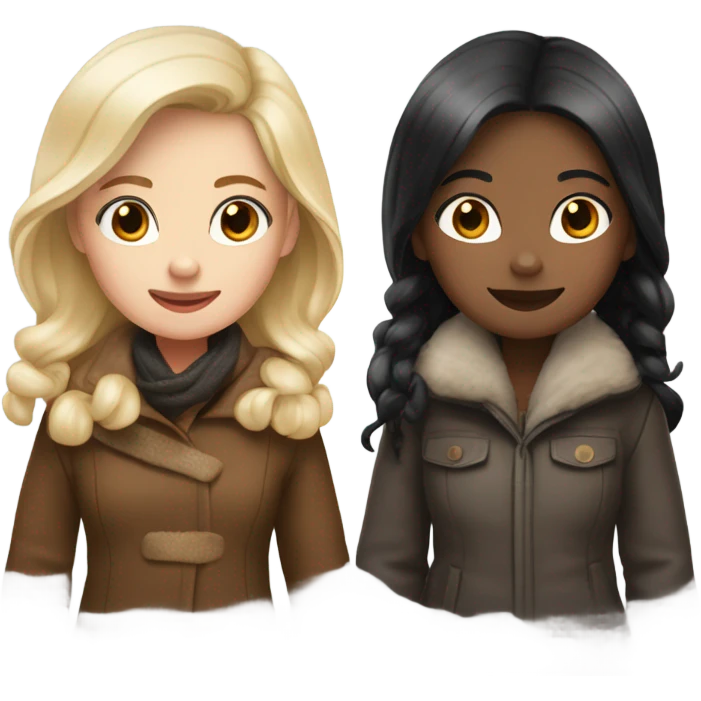 Two girls in winter coats walking- one with white skin black hair and the other with white skin and copper blonde hair  emoji