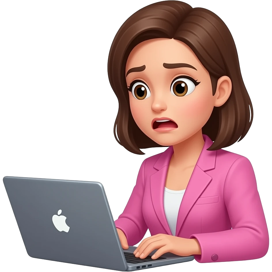 brunette woman wearing pink blazer working on laptop making a scared face emoji