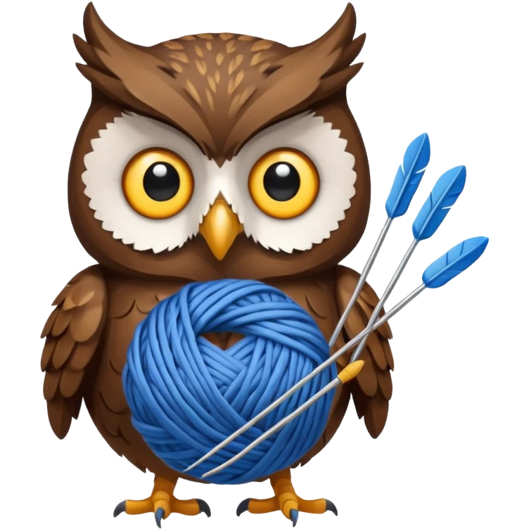 Owl holding blue yarn ball and knitting needles emoji