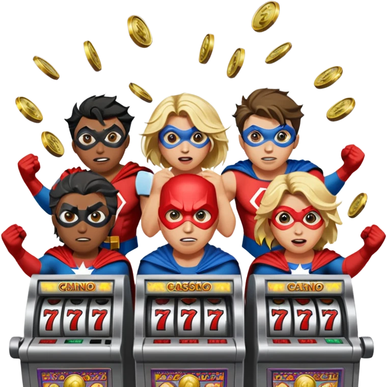 disheveled super heros losing money at a slot machine, panicked face, coins flying emoji