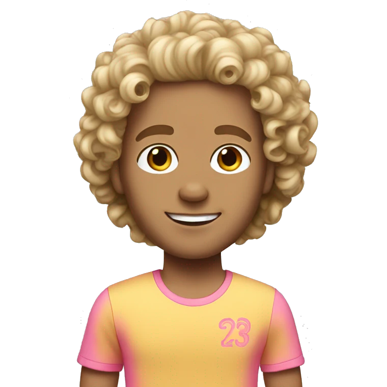 White guy with curls wearing a barbie tee emoji