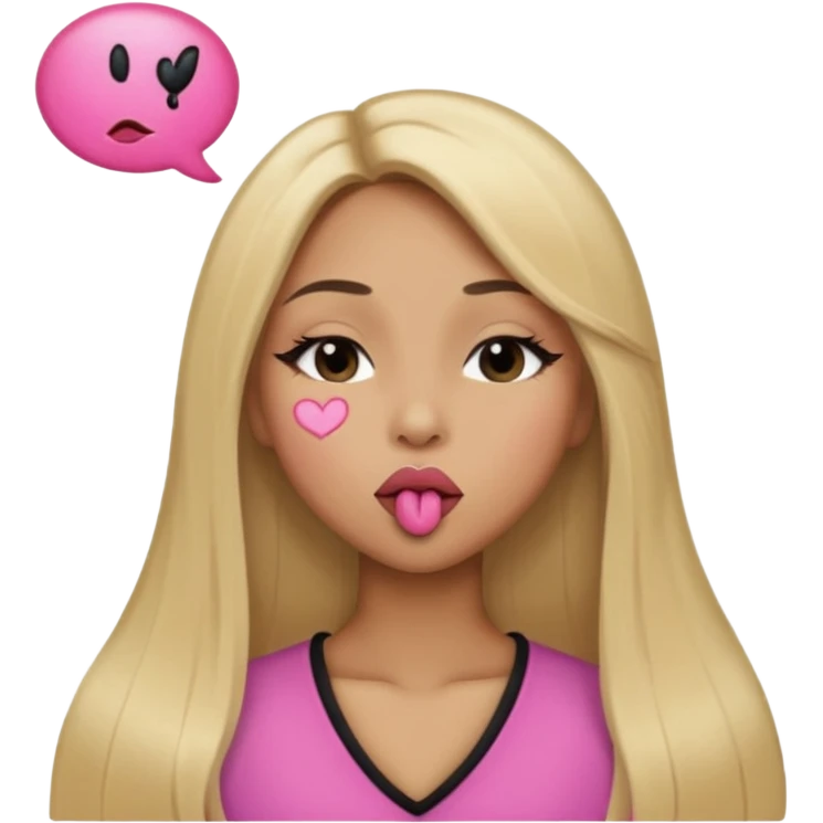 Mujer color de piel moreno claro, con cabello rubio largo, lacio y suelto, ojos negros, labios rosa, mandando un beso con un ojo cerrado  emoji