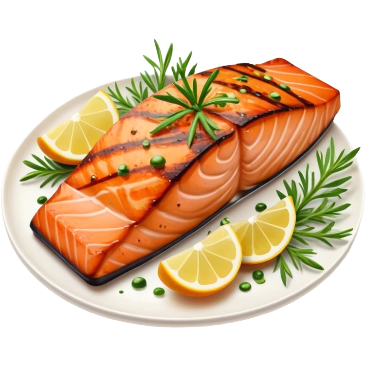 Cinematic perfectly grilled salmon, rich orange hues with crispy skin, garnished with fresh herbs, drizzled with lemon, ultra-detailed and delicious. emoji