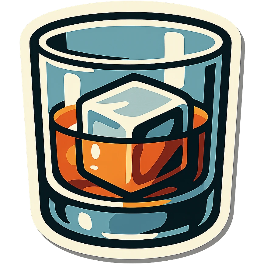 whiskey glass with one large ice cube, retro stickers style, clear black outlines, expressive shadows and highlights, no gradients, only sharp color transitions, minimalist emoji