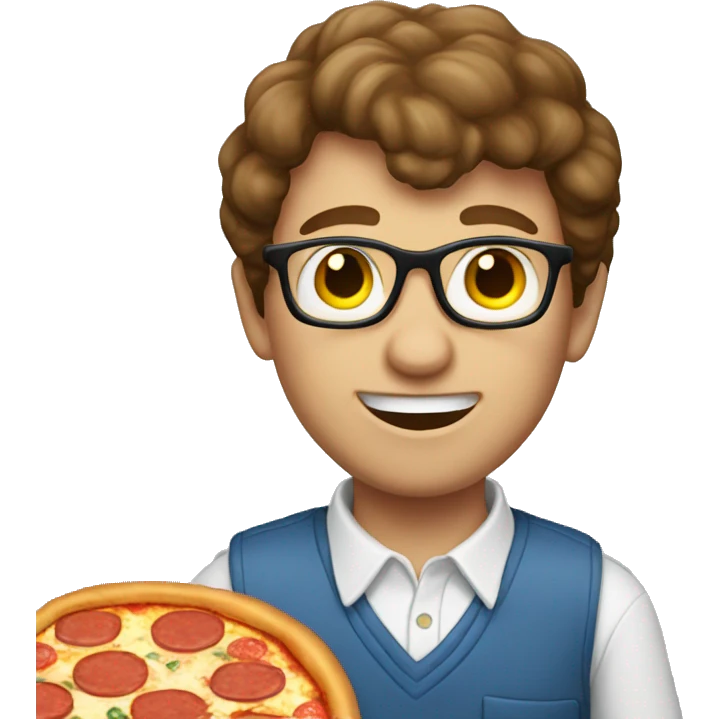 White nerd with brown hair eating pizza emoji