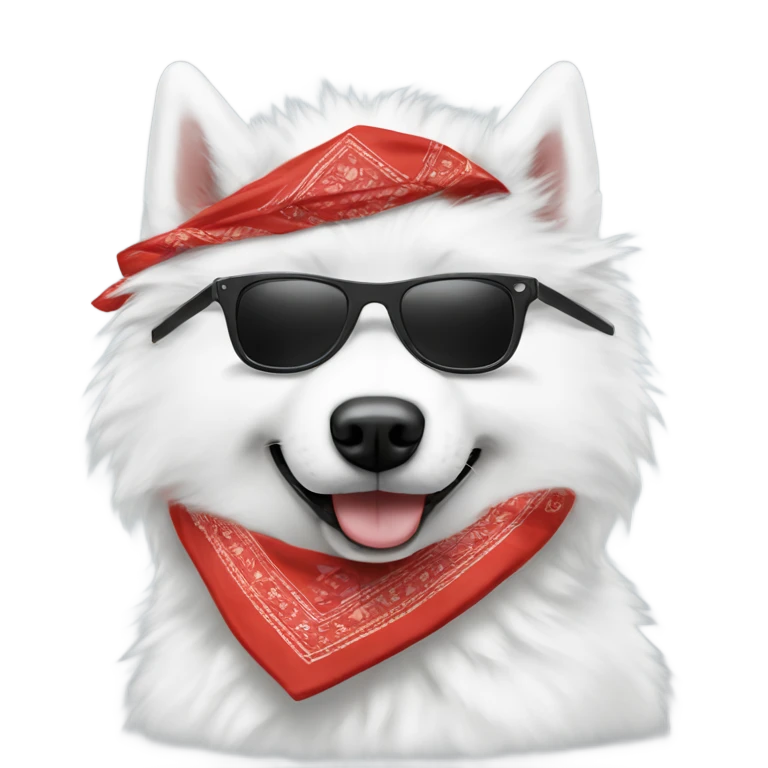 Samoyed wearing a bandana with sunglasses and a cigarette emoji