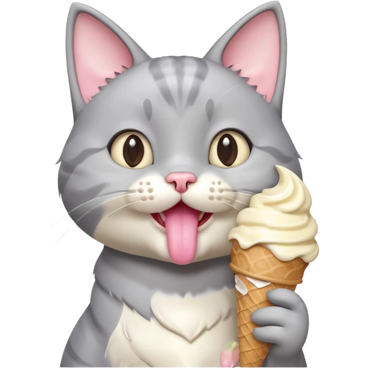 cute gray cat portrait, head and shoulders only, licking an ice cream cone, funny happy expression, 3D cartoon, mobile game icon style, clean background, no text, no watermark
 emoji