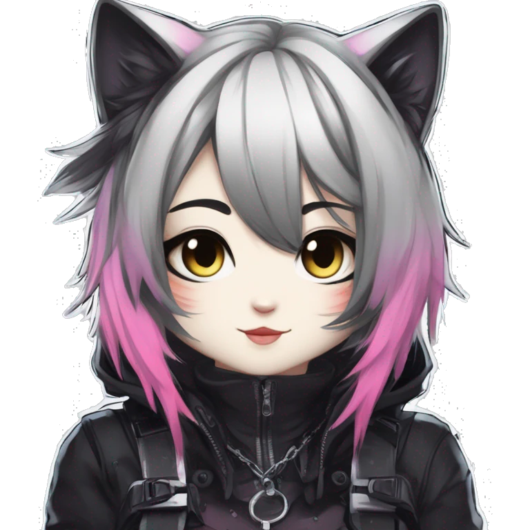 Gorgeous edgy epic punk magical gradient gothic dark techwear anime style anthro cat with blushing face aesthetic and pretty edgy black with collar and harness trending style emoji