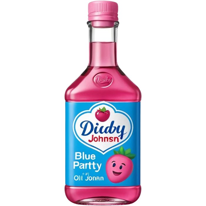 bottle of oil blue top pink outside with logo that says Diddy Party oil Johnson and Johnson  brand with a smiling berry on top emoji
