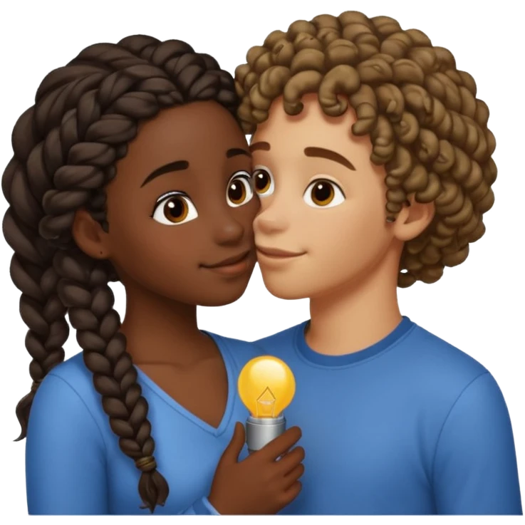 darkskin girl with braids kissing light skin boy with curly hair emoji