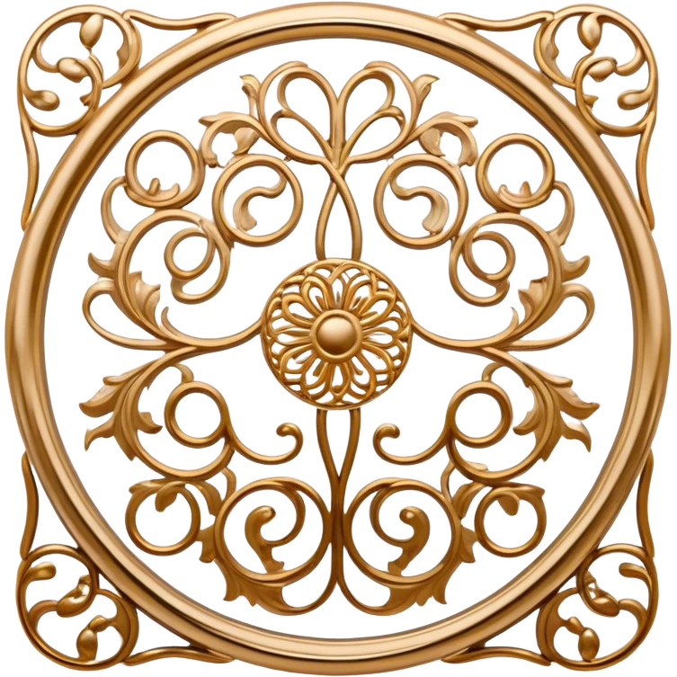 Metal painting and filigree icon, metal surface with delicate filigree work and intricate hand-painted patterns, visible thin metal threads forming swirls and loops, bright enamel or metallic paints, visible paintbrush and filigree tools, no finished artwork, just the process, minimalistic style, clean lines, transparent background. emoji