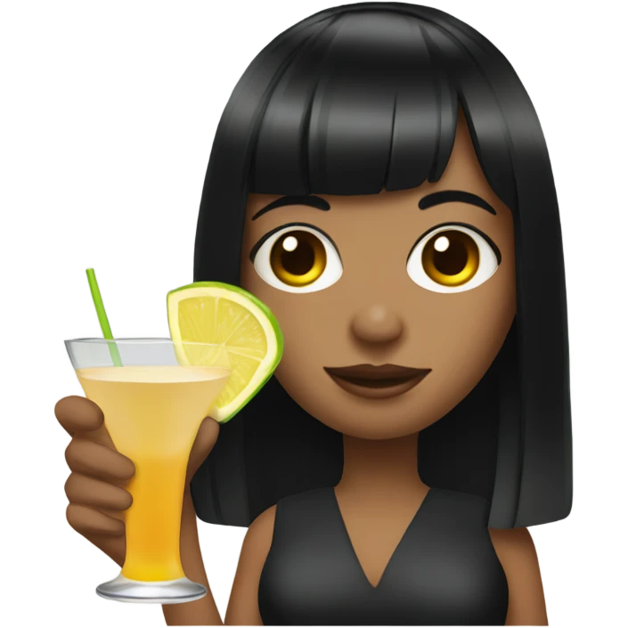 Girl with black hair and bangs holding martini emoji