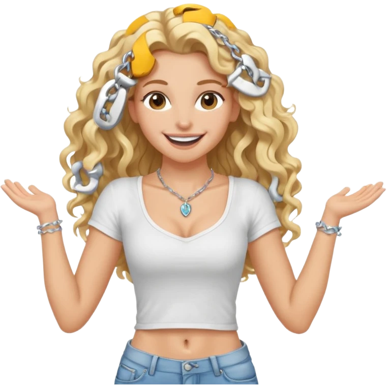 white girl with long blond curly hair held with a hairgrip, thin athletic build with visible muscles on arms legs back and butt, wearing jeans white strappy t-shirt and necklace, big smile with white teeth emoji