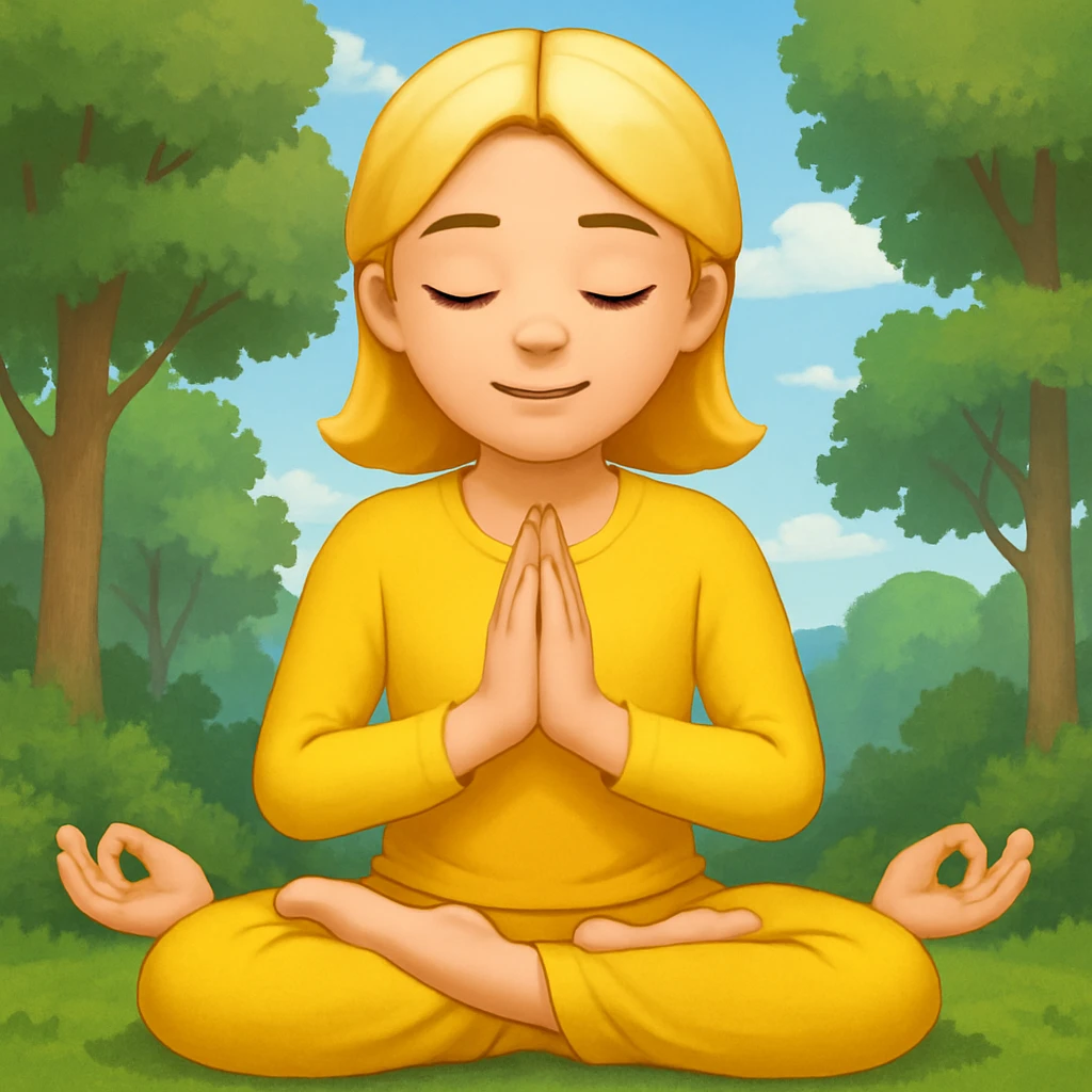 Add a peaceful nature background with trees and sky behind the meditating emoji, keep the classic emoji style emoji