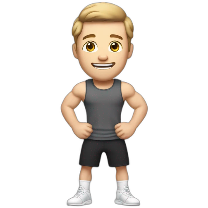 To knee Actively gesturing with hands Pale skinned Fit Man With the biceps and light brown hair in dark gray Sleeveless Mike, black oversize sports shorts and white Sneakers emoji