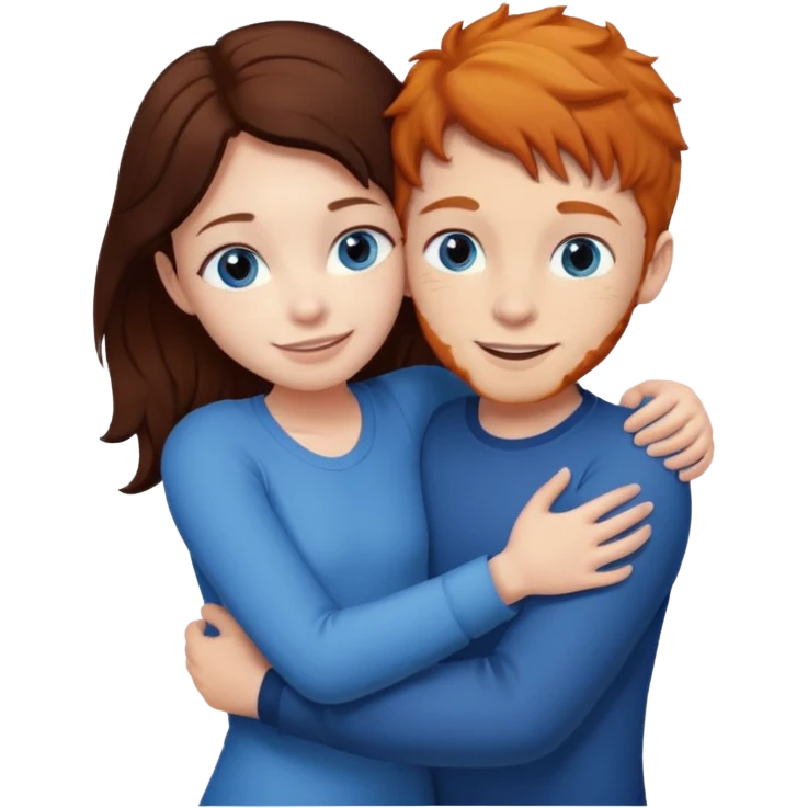 Ginger boy hugging girl with very dark brown hair. Both have blue eyes.  emoji