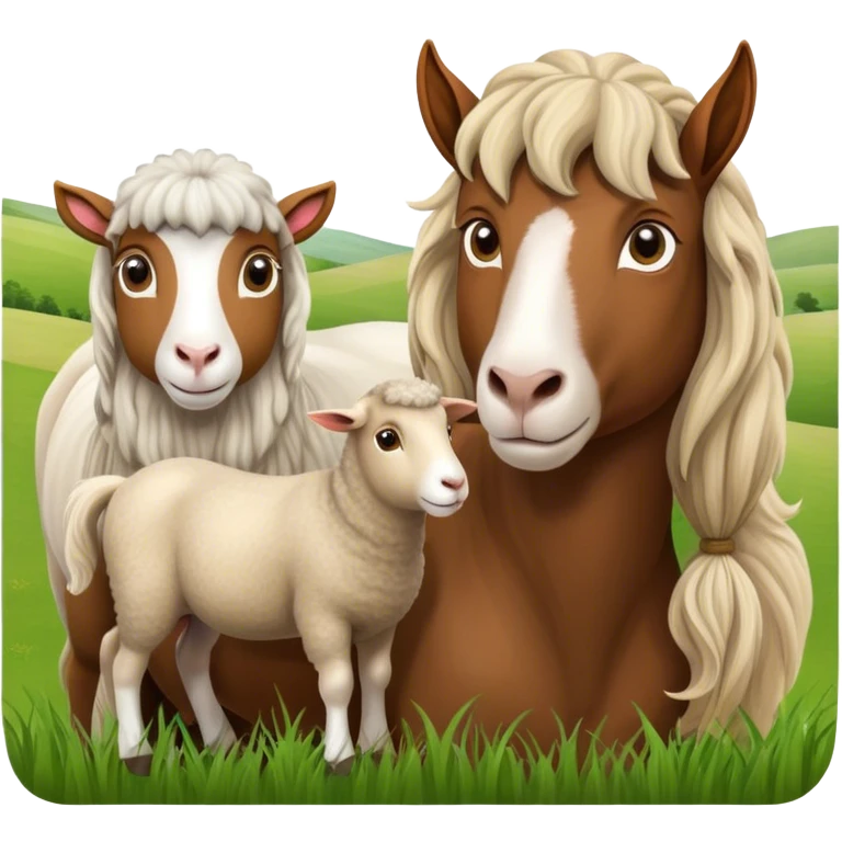Icon for Domestic Hooved Animals: A gentle collage featuring a horse with a flowing mane, a brown goat with large, curious eyes, a calm sheep with soft wool. Background with a green pasture and a few hay bales. Transparent background. emoji
