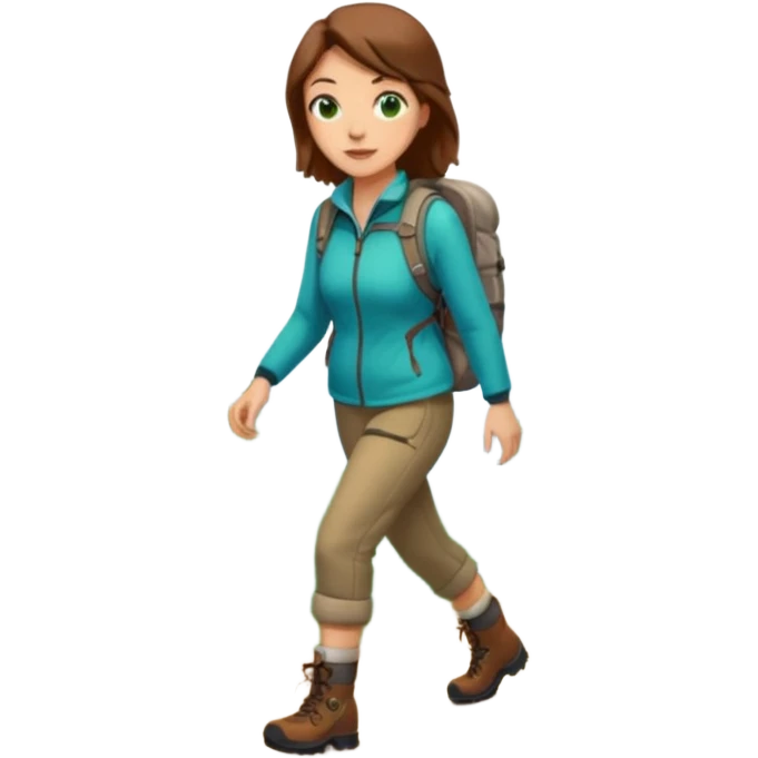 woman hiking in the woods in the sunshine. light face and green eyes. emoji