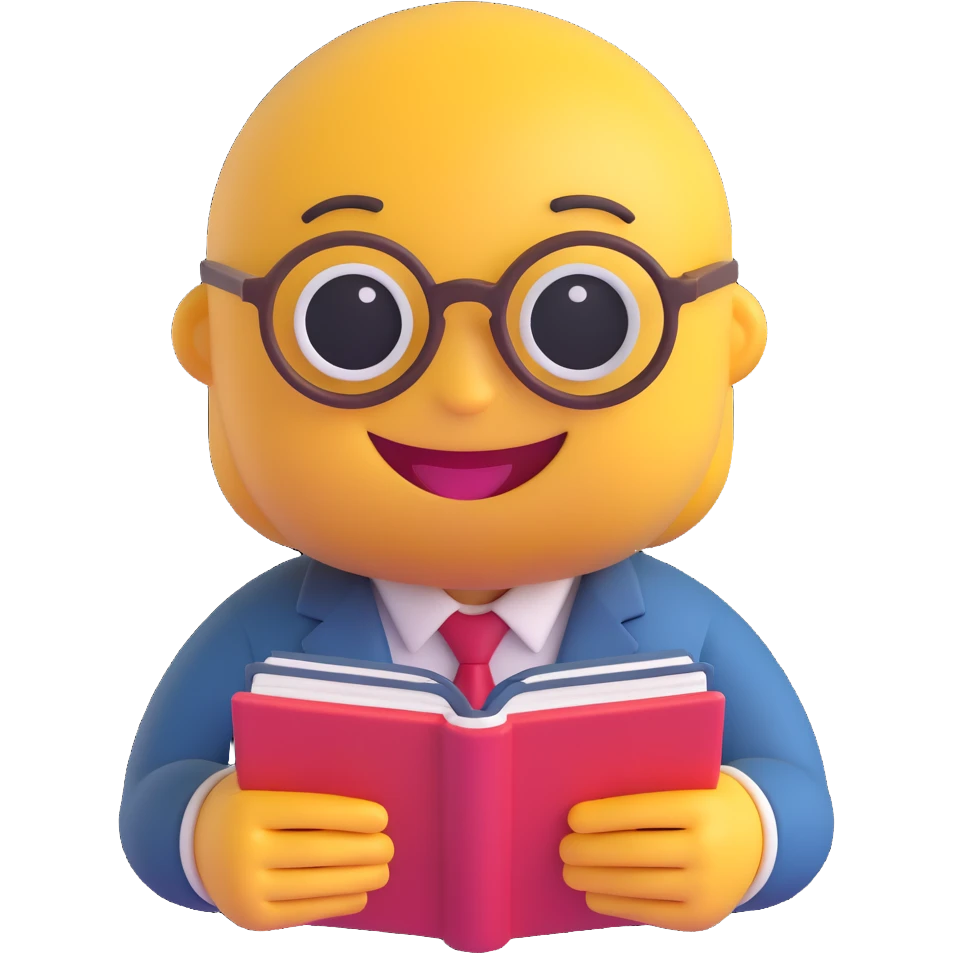 3D smiley emoji, round shape, wearing teacher glasses and holding a book, smiling face emoji