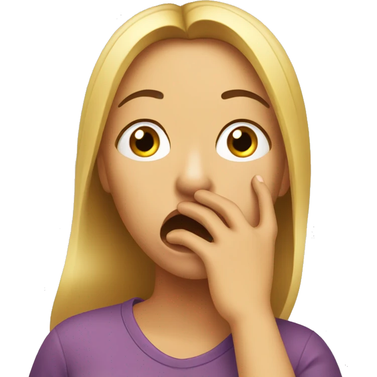 A surprised and slightly tearful woman is covering her mouth emoji