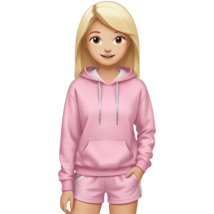 blonde woman, sleek straight hair, soft glam makeup, baby pink hoodie, white shorts emoji
