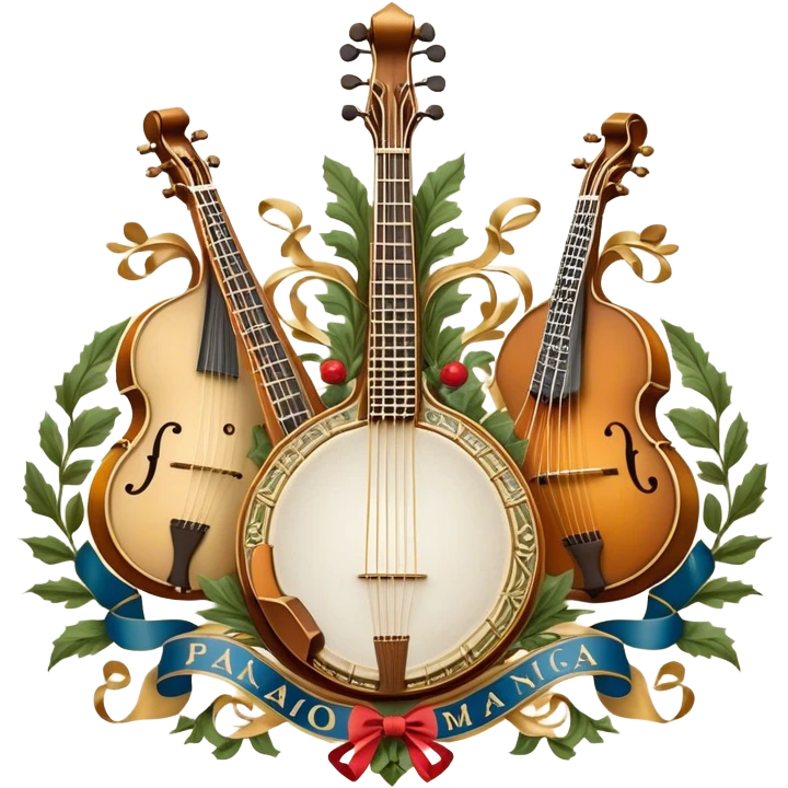 Create an intricate, festive, and emblematic emoji symbolizing plucked string instruments. The design should resemble a regal crest, featuring instruments like a banjo, mandolin, domra, sitar, and other plucked strings, arranged symmetrically in an ornate composition. Their necks and strings should elegantly intertwine with a flowing ribbon of musical notes, wrapping gracefully around the instruments. The overall shape should be grand and balanced, evoking a sense of tradition and celebration. Use a rich and refined color palette with gold, deep mahogany, and vibrant accents, adding intricate wood textures, decorative inlays, and metallic tuning pegs for a professional, polished look. The background should be transparent, making the emblem stand out as an independent artistic mark emoji