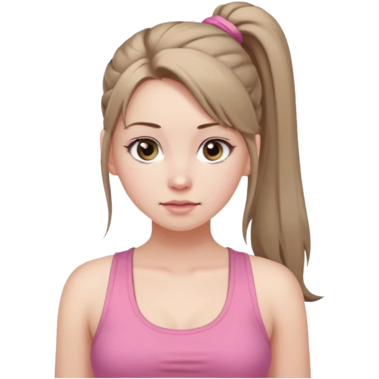 Девушка, бледная кожа, глаза серого цвета, светло русые, длинные волосы, собранные в хвост, розовая майка без рукавов, сиськи  emoji