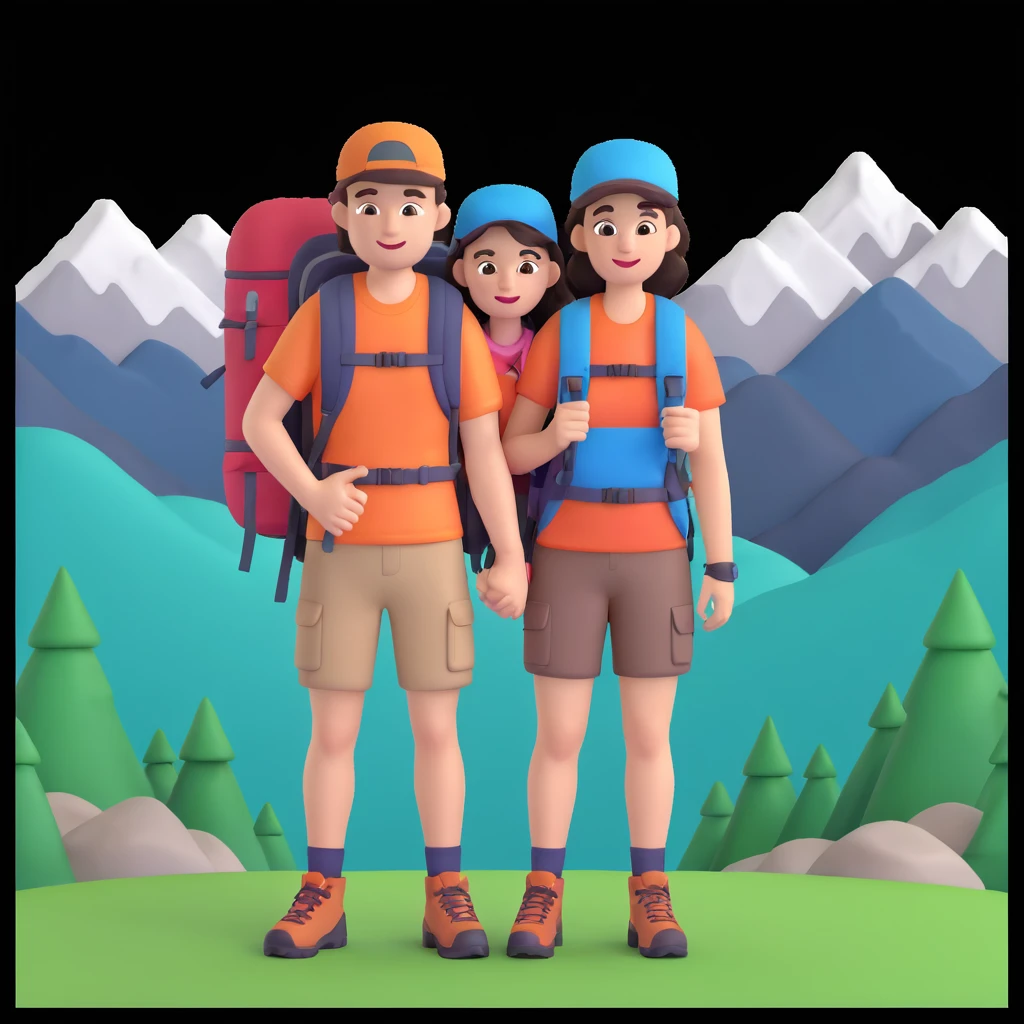 back packer couple posing, mountains in background,   close up pose emoji