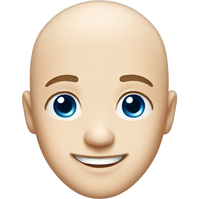 bald boy smiling at viewer with blue eyes emoji