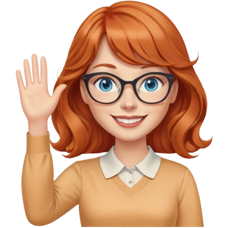redheaded woman with very long wavy hair and bangs, blue eyes, cat-eye glasses, pencil skirt, apricot blouse, waving, smiling emoji