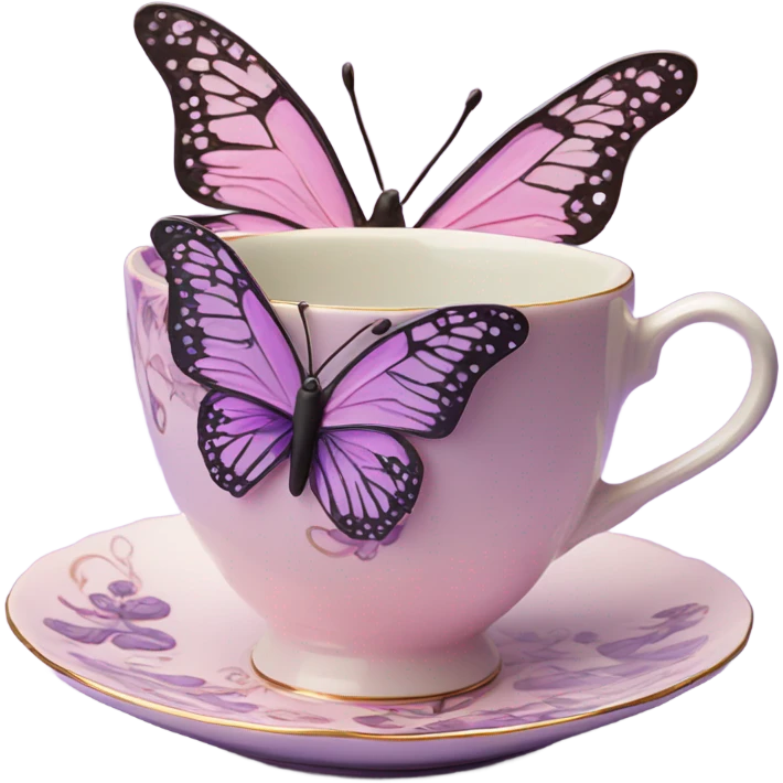 A delicate butterfly with pastel pink wings, resting on the edge of a purple porcelain teacup adorned with intricate violet floral patterns. emoji