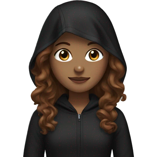 girl with brown wavy hair, black headband and black hood emoji