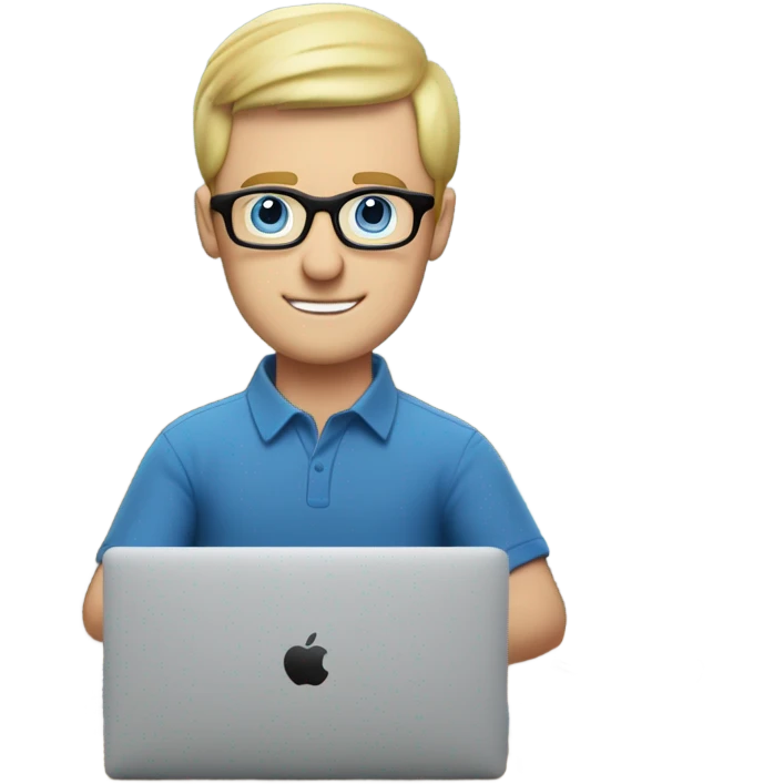 man looks 35 classes, european, tech nerd love pcb designing, blue shirt blond short hair, blue eyes with specs behind macbook on with electronics on the desk emoji