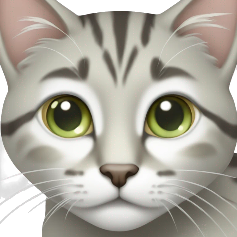 grey, white and beige tabby with pale green eyes  emoji
