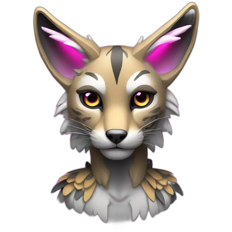 Coyote ocelot standing with grey and black fur and phoenix wings on back and pink ears half skeleton injured nose and face, neon lights emoji