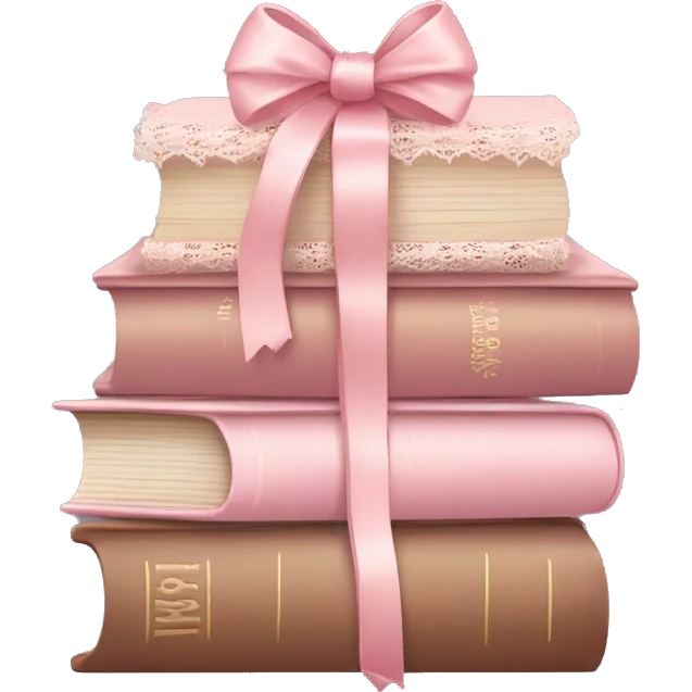 pastel pink and brown stack of books with lace ribbon and bow emoji