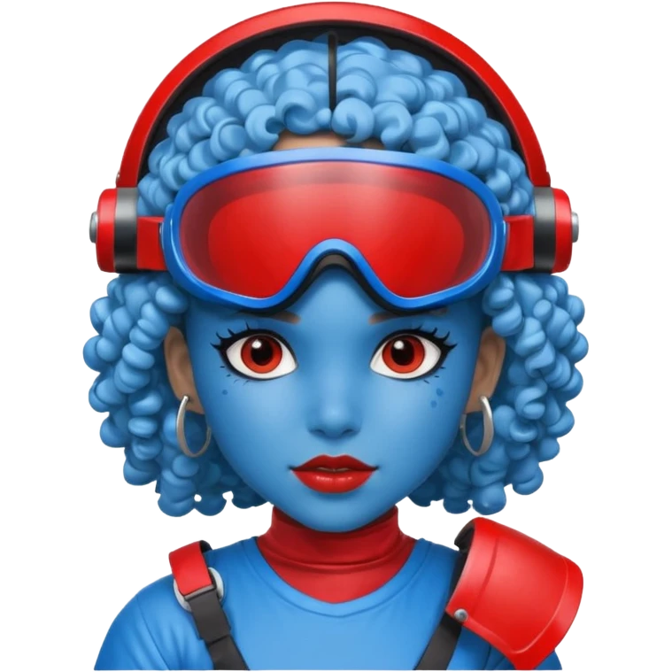 blue curly girl with huge earrings wearing red paintball helmet with eye protection, only face  emoji