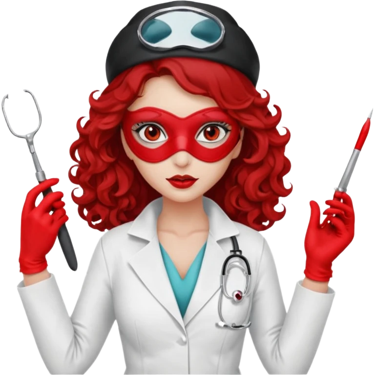 


Scary woman scalpel in hand, evil surgeon sexy surgeon clothes.  She has redcolored  eyes. Her  hair only is free ne brown long curly hair. Wears sexy doctor outfit with red gloves. make her wear red ski mask and nose mask  to hide. Wears white surgeon coat, wears  stilettos emoji