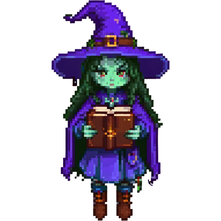 a single witch from a cursed coven holding a spellbook, dark and mysterious, pixel art style, with the text 'Cursed Coven' emoji