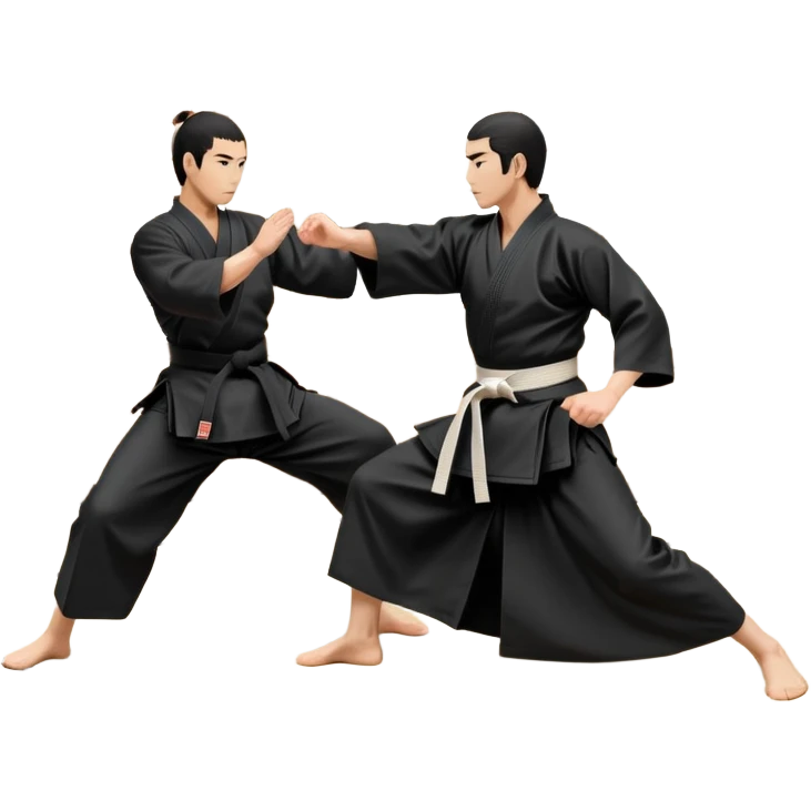 An icon depicting an aikido fighter in a black gi, executing a graceful throw in a martial arts dojo. The background features traditional wooden floors, tatami mats, and a serene atmosphere with soft lighting. The focus is on the fighter's precise technique and fluid movement. Transparent background emoji