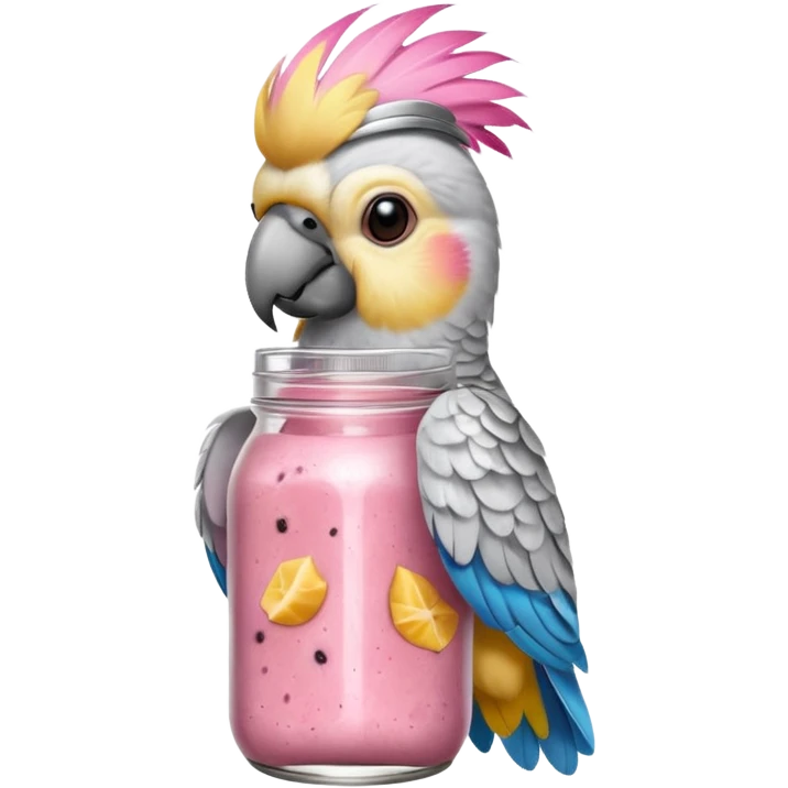 cockatiel parrot holding mason jar with pink smoothie  emoji