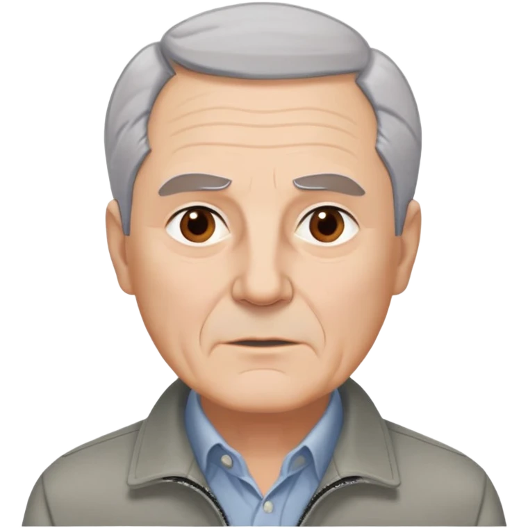 Distinguished older man in his 60s, light complexion, round face with broad jaw, vivacious brown eyes, thick eyebrows giving intensity to expression, short gray-white hair combed slightly back with visible receding hairline, clean-shaven, wearing gray casual jacket over button-up shirt emoji