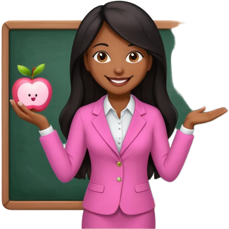 a brown skin teacher with hair with black straight long hair wearing pink not hot pink 2 piece set teaching up on a board the board nothing on the board but a pink apple emoji