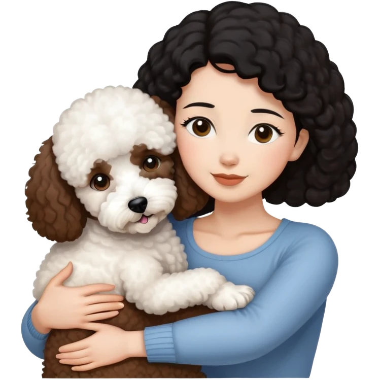 woman with short black hair hugging a brown poodle and a white bichon frise emoji