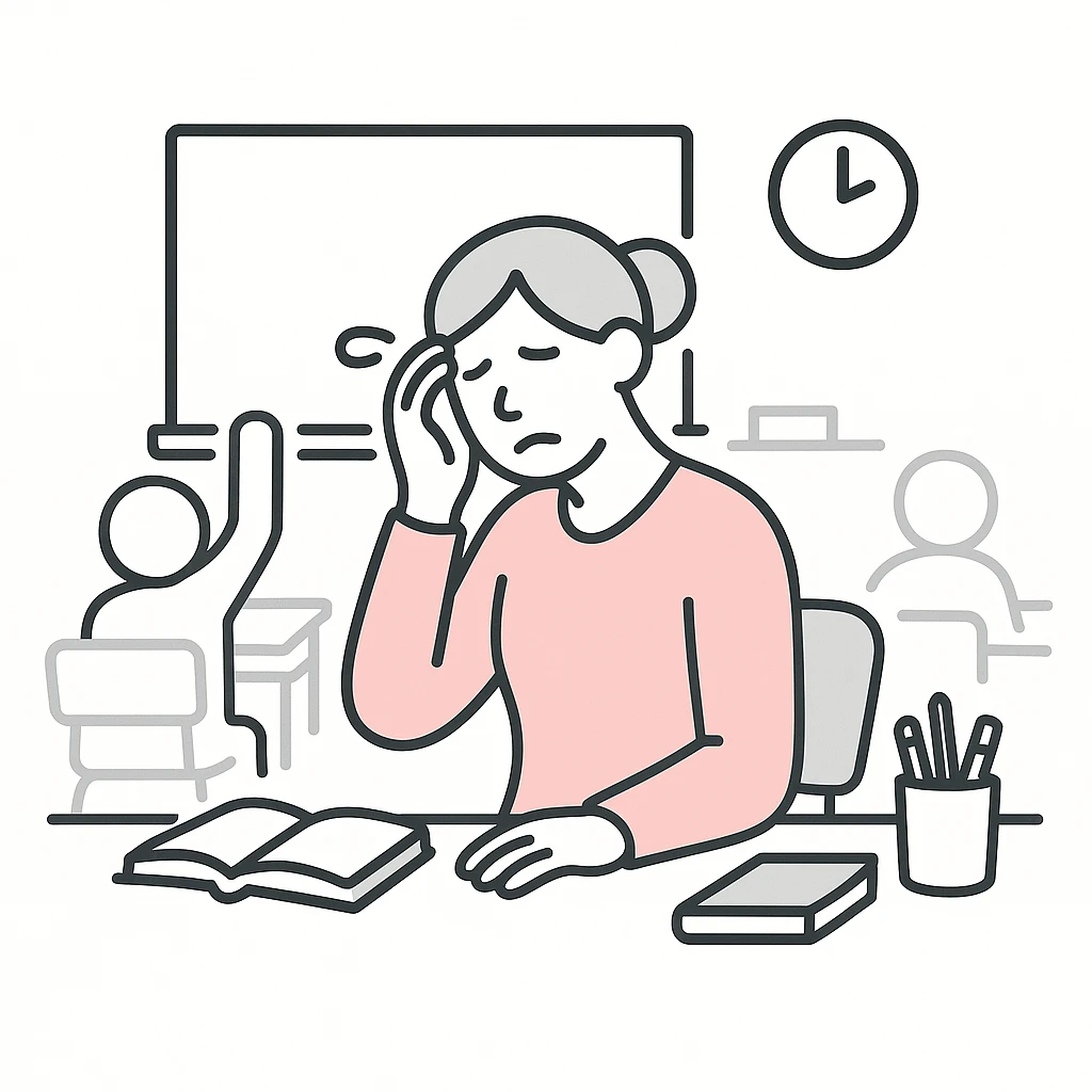exhausted teacher in a bustling classroom emoji